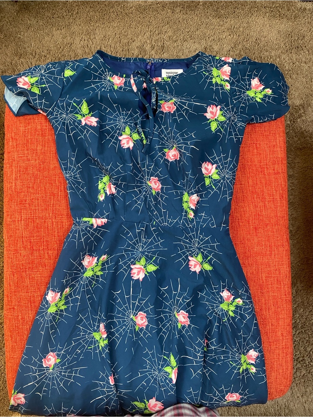 Rare Unique Vintage Spiderweb Roses Navy Blue Flare Dress - Picture 7 of 15